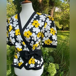 Vintage Black, Yellow, White Floral Blazer with Puffed Sleeves